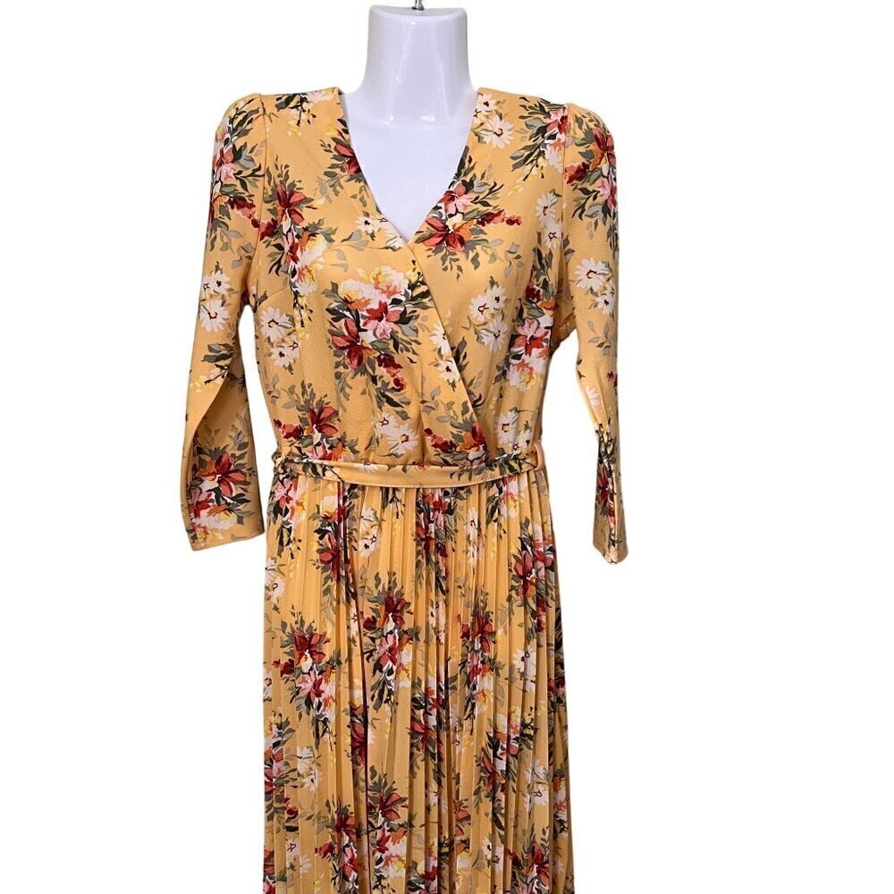 NEW Lark + Grey Yellow Floral Pleated Midi Dress  Small‎ V-Neck Cottagecore